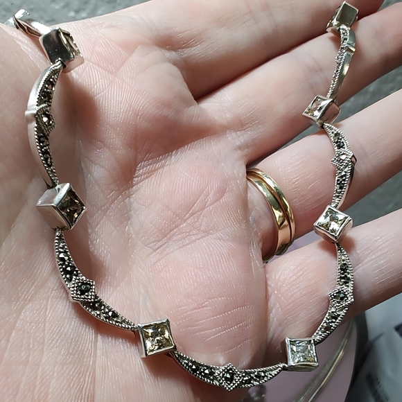 Vintage Marsala Sterling Silver Bib Necklace with Marcasite and CZ's 16 inch - Picture 11 of 13